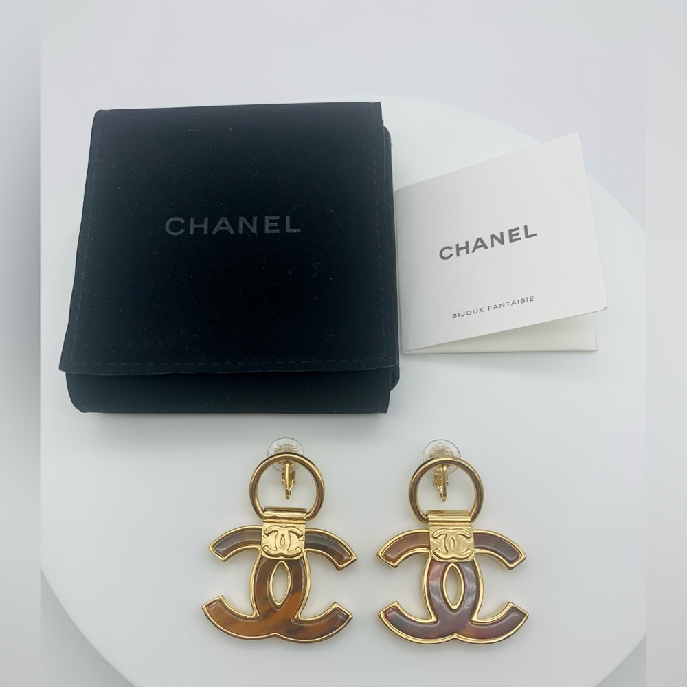 CHANEL Clip-On Pendant Metal Resin CC Earrings